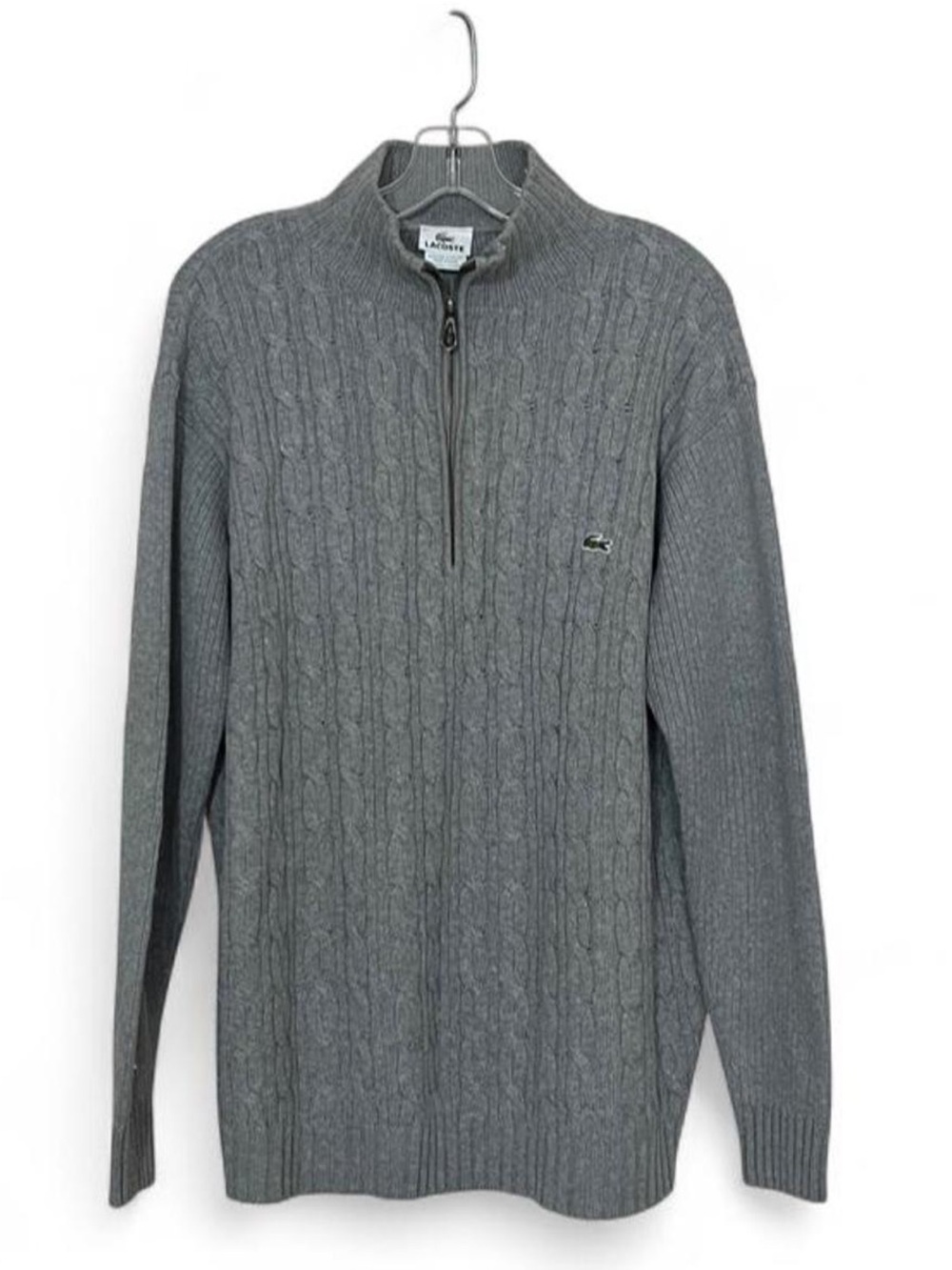 Lacoste Men’s Preppy Gray Cable Knit Quarter-Zip Tennis Sweater With Croc Logo
